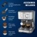 Oster® Cafetera Compacta, Prepara hasta 2 Espressos por Ciclo, 15 Bar, Tubo de Vapor, Incluye Accesorios, Acero Inoxidable, BVSTEM5502